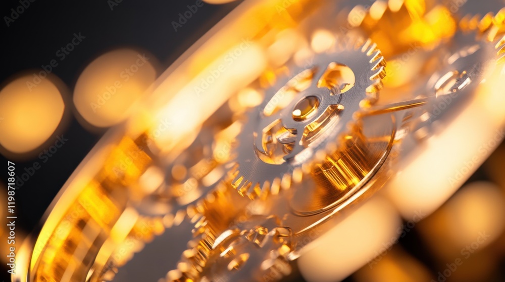 Aufkleber close-up of intricate gold clockwork mechanism with soft glowing background