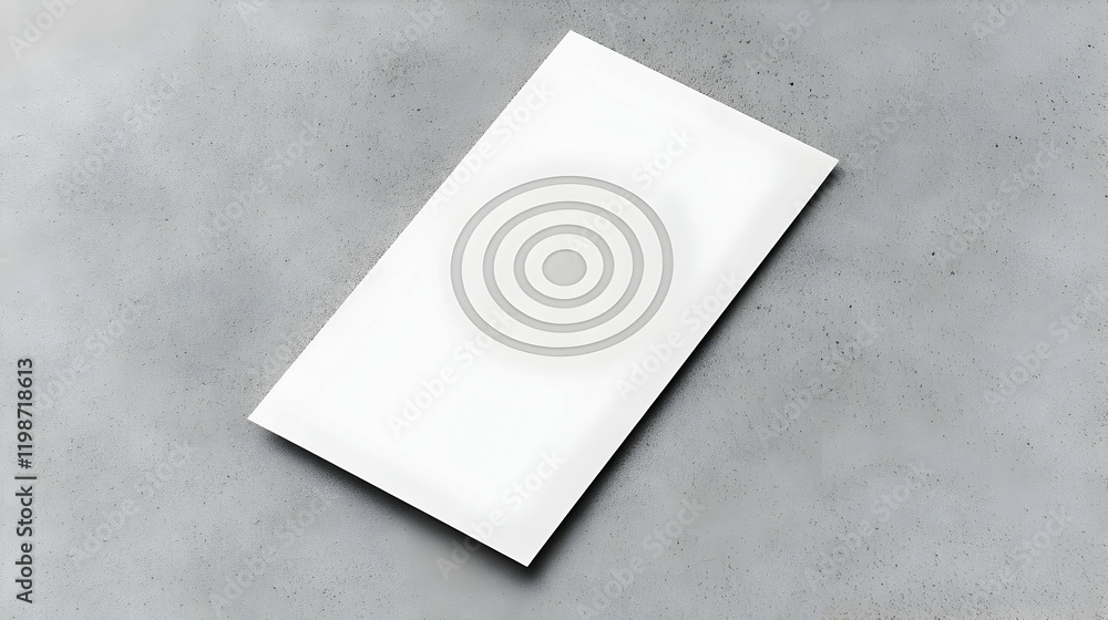Poster white card with concentric circles rests on a textured gray surface