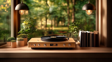 Vintage vinyl record player in a cozy home setting surrounded by green plants. Warm design, eco-friendly vibes, luxury, touch of nostalgia in golden tones. Cover banner brochure. Generative Ai content