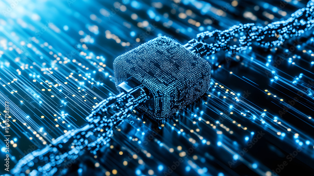 Poster Digital representation of a secure lock with data streams, symbolizing cybersecurity and blockchain technology