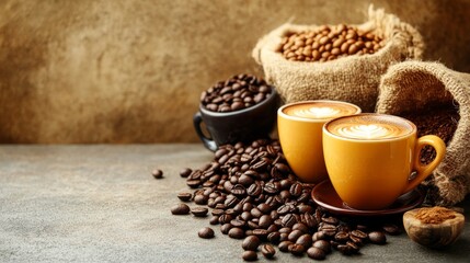 Two yellow coffee cups with white foam on top of them. There are also two bags of coffee beans