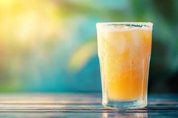 A glass of ice cold lemonade sits on a wooden table. The glass is half full and the lemonade is clear and refreshing
