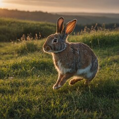 Fototapeta premium A rabbit sprinting across a meadow at sunrise.