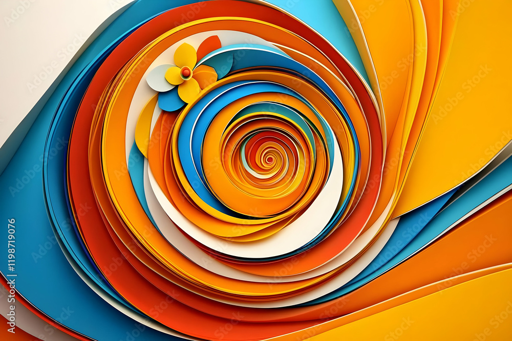 Poster abstract colorful swirls form a spiral with a flower accent, dynamic and vibrant design