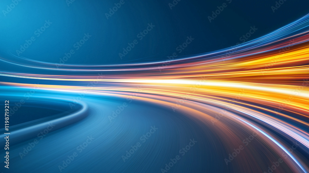 Poster abstract speed and motion: dynamic streaks of light in vibrant orange and blue hues curve and conver