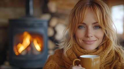 Cozy woman in a warm sweater enjoying a cup of coffee by a fireplace in a rustic cabin setting