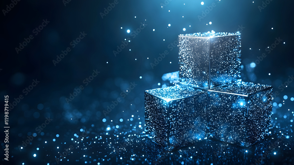 Poster glowing blue cubes surrounded by shimmering particles in a dark, ethereal setting
