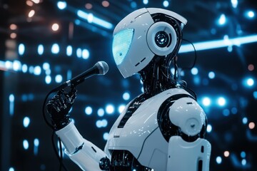 Fototapeta premium Robot singing on stage, futuristic concert