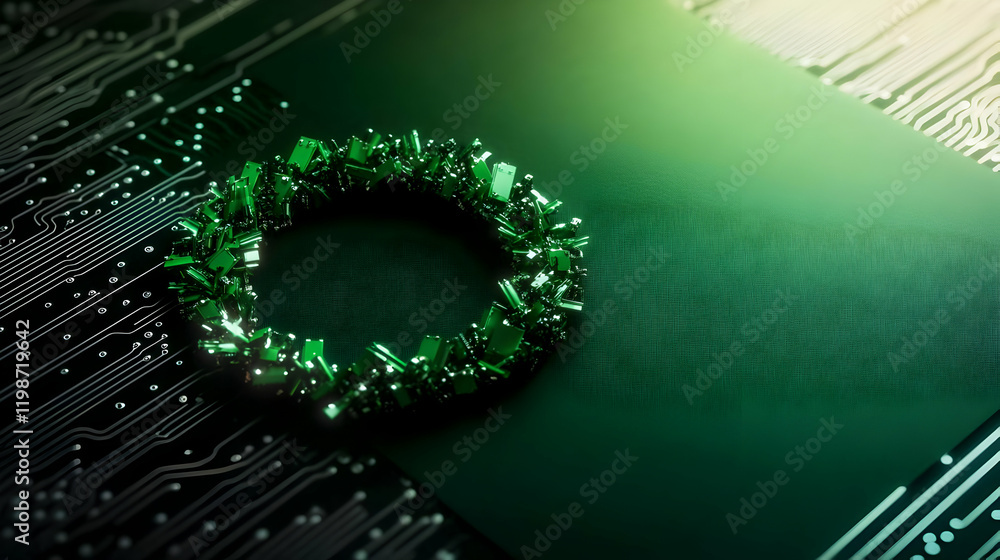 Poster green circuit board with circular design element: a 3d render illustration