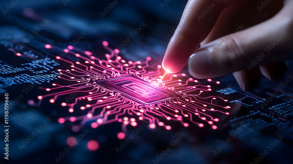 Aufkleber a hand interacts with a glowing microchip on a dark digital background
