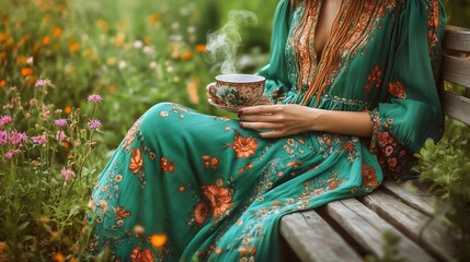 Woman enjoys tea in floral garden