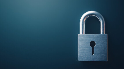 Fototapeta premium Security and Privacy: A solitary padlock stands against a dark teal backdrop, its metallic sheen reflecting a subtle light. The padlock, a symbol of safety and security.