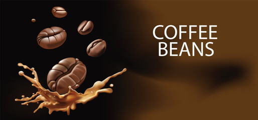 Coffee beans on water splashes on drank background Vector illustration