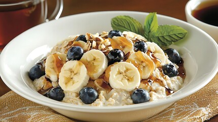 Oatmeal breakfast bowl with banana, blueberries, and syrup