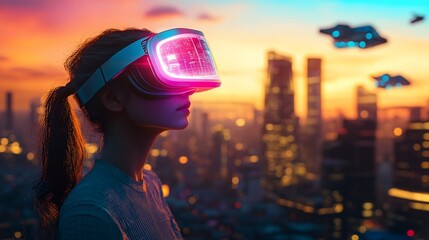 Woman explores futuristic city in VR headset at sunset