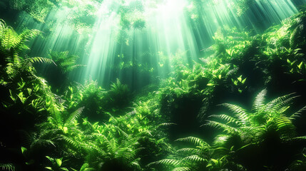 Fototapeta premium The sun shines on the tropical rainforest