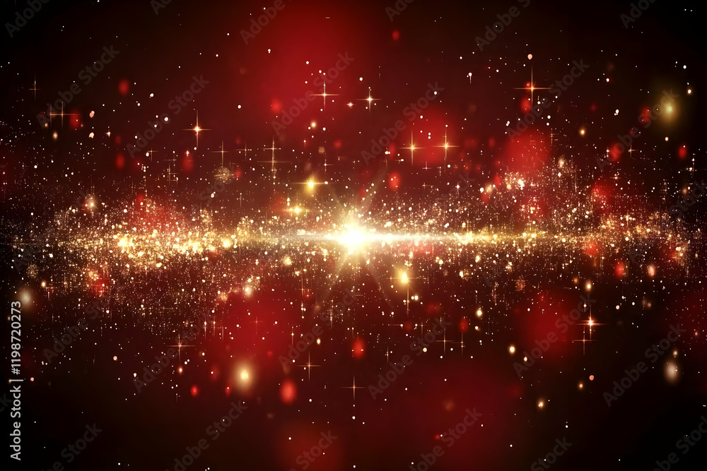 Poster red and gold sparkling glitter abstract background with bokeh effect for festive occasions.