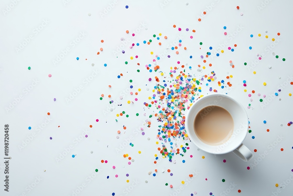 Poster a white coffee cup filled with a light brown liquid sits on a table covered in a colorful array of c
