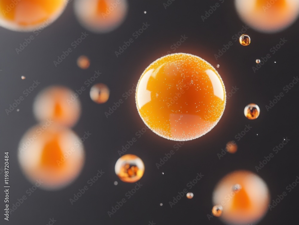 Poster macro shot of abstract orange bubbles floating on a dark background