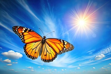 Obraz premium Mexican Monarch Butterfly Flight, Blue Sky, Sharp Colors, High-Resolution Image