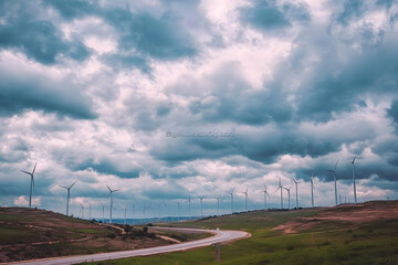 Wind Turbines Generate Clean Energy Under Dramatic Cloudy Sky Along Roadside