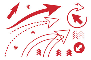 Red arrows, dynamic shapes, directional symbols, curved lines, upward movement, graphic design elements, minimalist illustration, 2D icons, visual communication, abstract arrows, pointing indicators,
