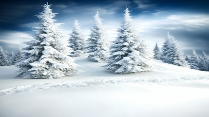 Snow-Covered Pine Trees Stand Tall on a Snowy Hillside Under a Cloudy Sky