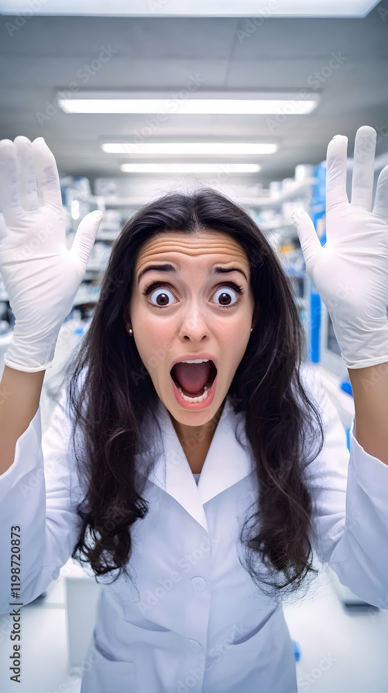 Aufkleber screaming scientist raises hands in a lab surprised by unexpected results in experiment