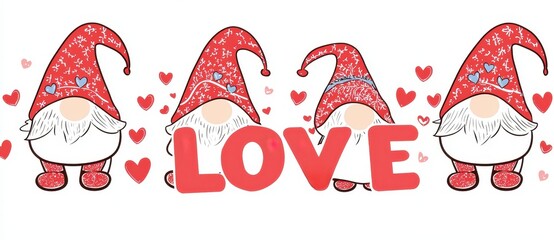 Cute Gnomes with Love Theme and Red Hats Surrounded by Hearts on a Bright Background