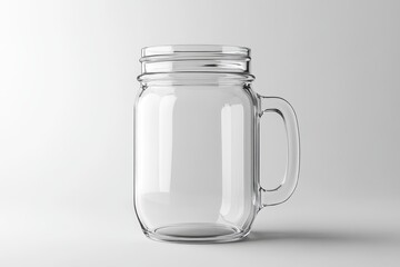 A clear glass jar with a lid is sitting on a white background. The jar is empty and has no contents