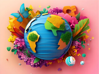 3D Earth Globe Decorated with Colorful Flowers, Plants, and Butterfly on Pink Background