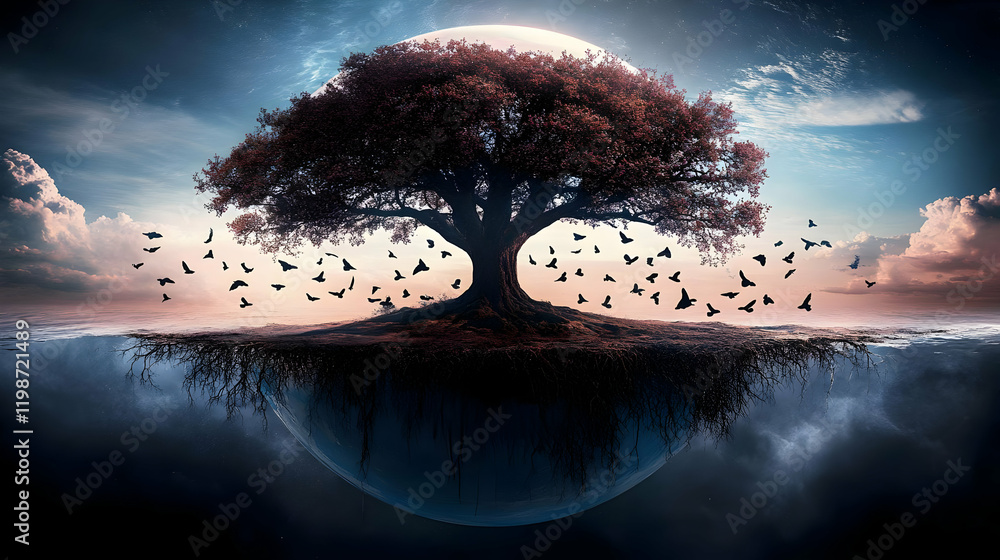 Poster inverted world tree with birds flying and roots extending downward in dreamlike scene