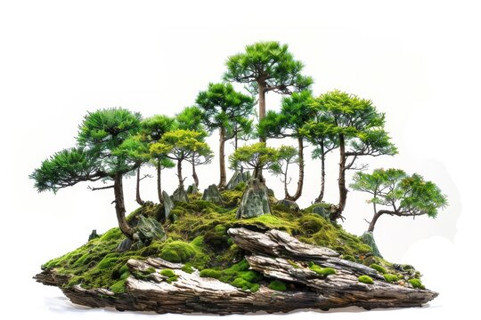 A small island with a bunch of trees on it. The trees are green and there are a few rocks scattered around