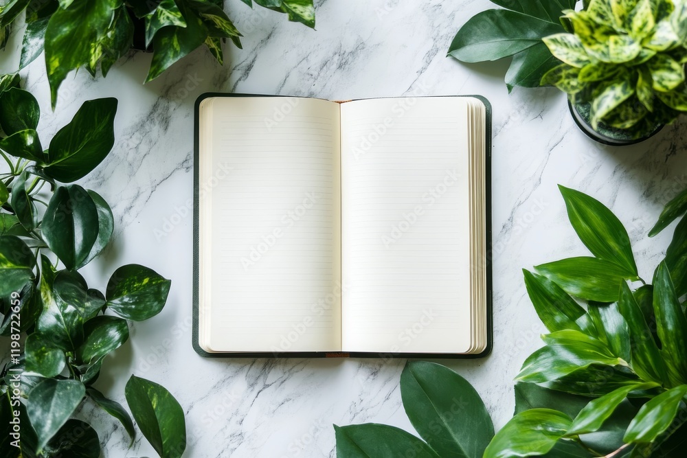 Poster a book is sitting on a table with a green leafy border around it. the book is open to a blank page, 