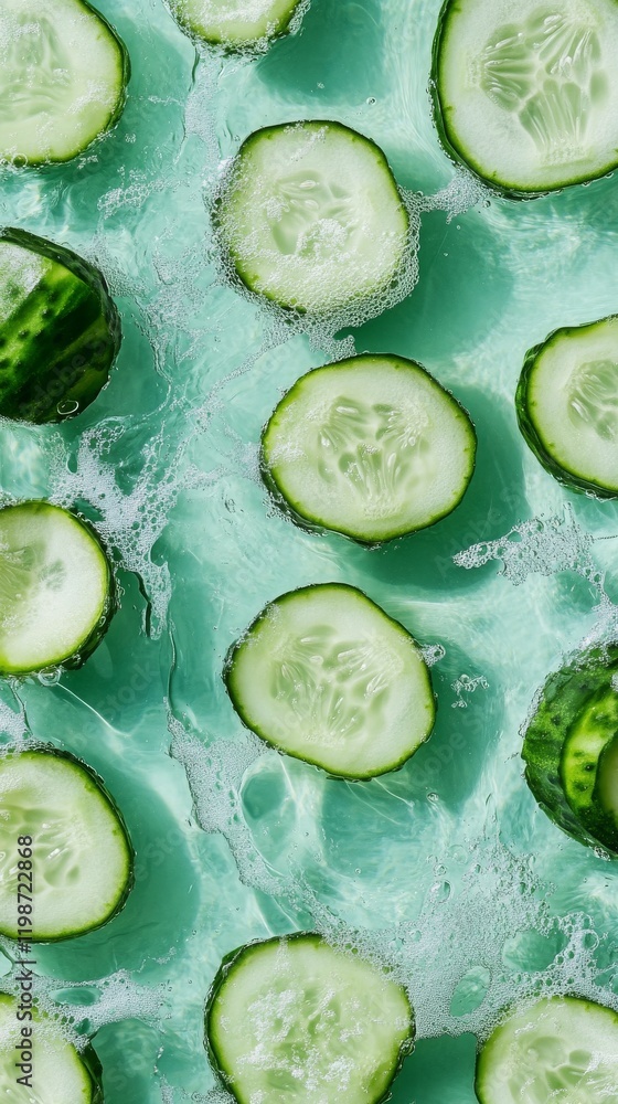 Poster a close up of cucumbers in a pool of water. the cucumbers are sliced and floating in the water