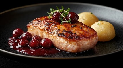 Deliciously plated grilled salmon with cherry sauce and creamy potato balls on a dark background