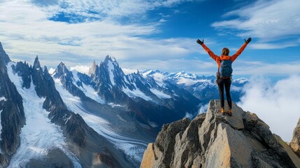 Obraz premium Woman celebrating on a mountain looking up to the sky. Letting go of all your mental fears. Hope, mental strength concept.