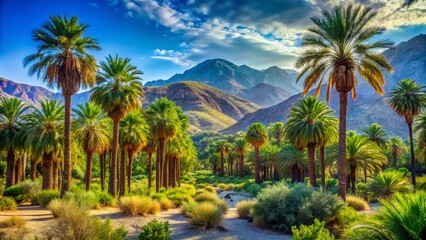 Fototapeta premium Serene Oasis: Tropical Palm Trees & Lush Greenery in Desert Landscape