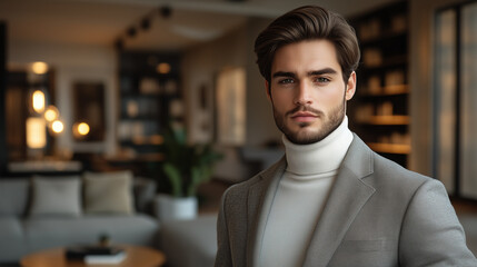 Fototapeta premium Elegant man in a modern, warmly lit living room, wearing a beige blazer and white turtleneck, with a professional and composed expression