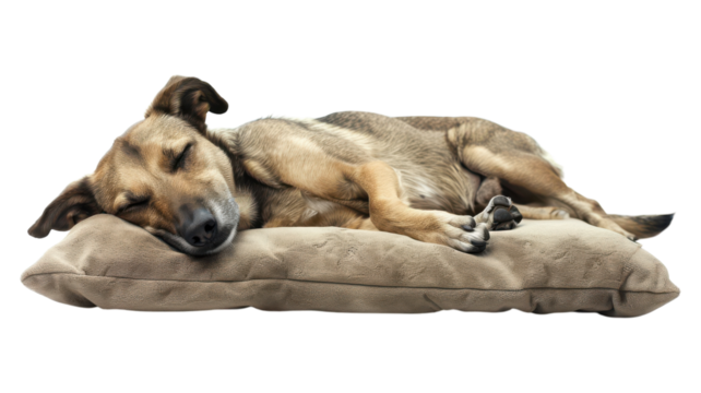 A serene image of a dog stretched out on a plush cushion sleeping peacefully in a cozy home setting