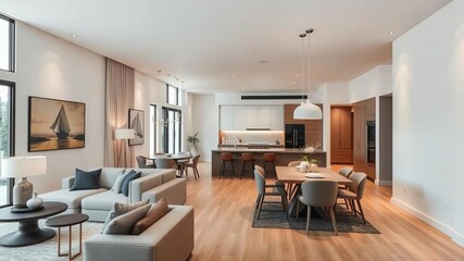 Modern open plan home interior featuring a stylish living room, dining room, and kitchen with sleek furniture and elegant decor, luxury, design