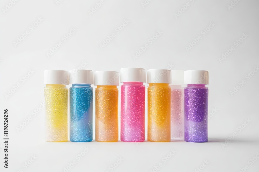 Poster a row of colorful glitter bottles in vibrant shades, ideal for crafting and diy projects. perfect fo