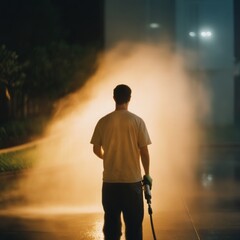 a man power washing a driveway at night