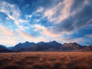 Naklejka premium scenic landscape of mountains and grassy plains under a cloudy sky at sunset