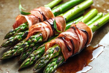 Grilled asparagus wrapped in savory prosciutto, showcasing fresh