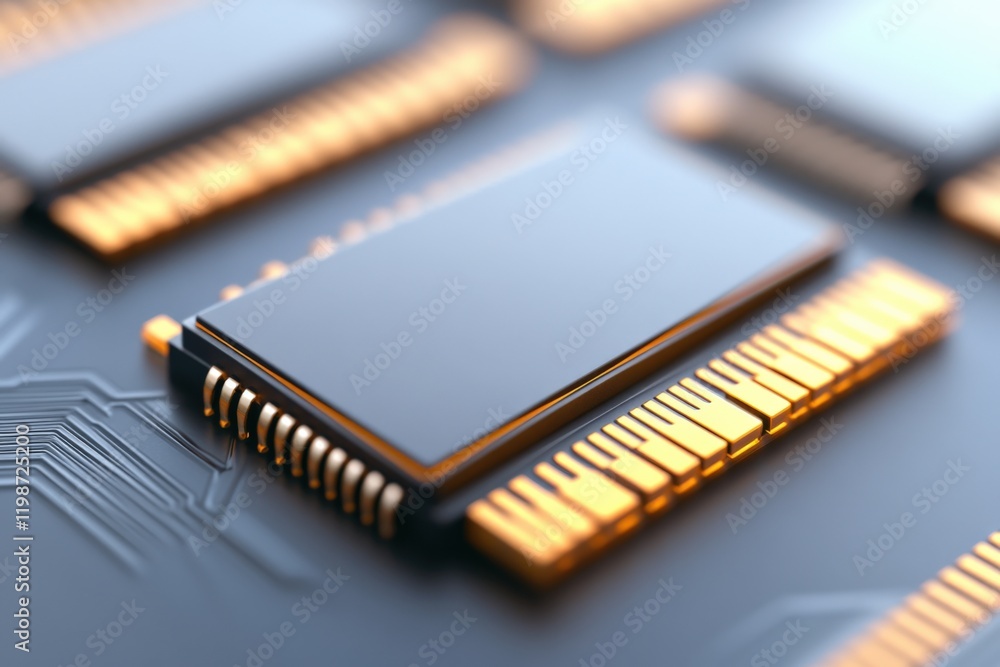 Poster close-up of a computer chip on a circuit board with gold connectors.