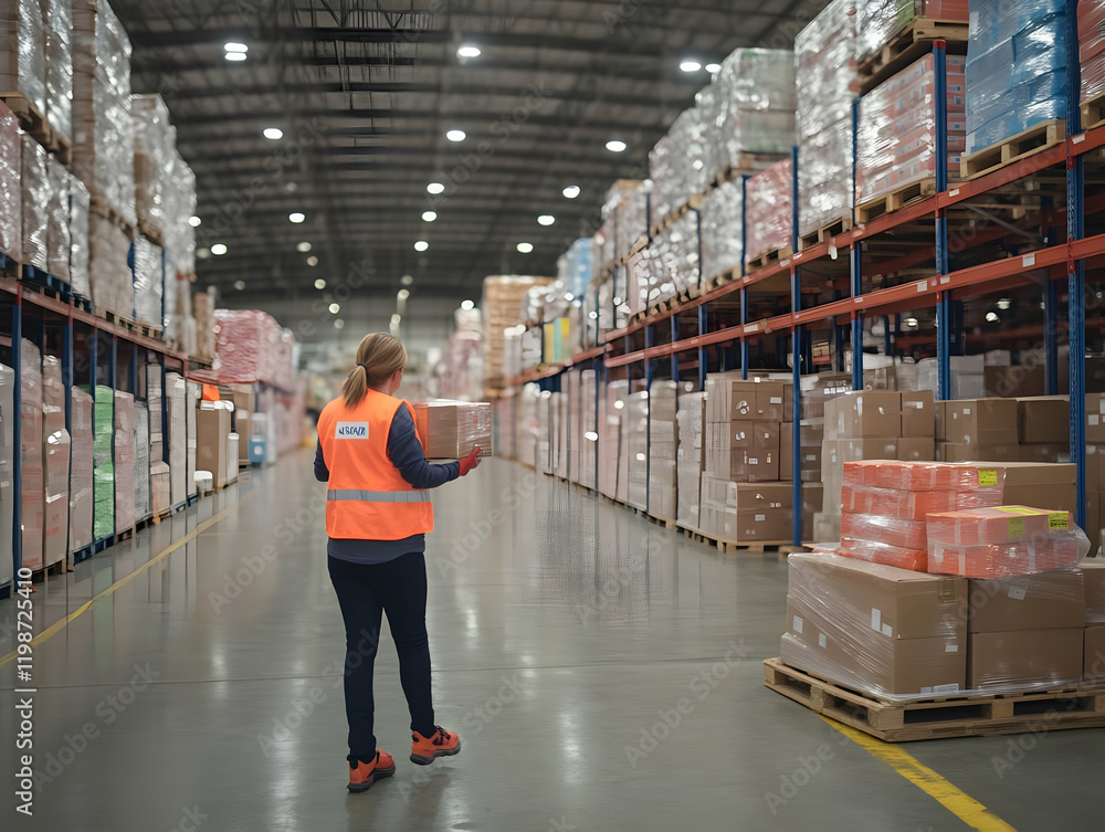 Poster warehouse worker carries box through aisles of inventory efficiently and safely.