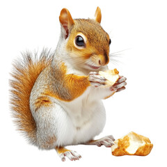 Obraz premium Squirrel holding piece of food, with fluffy tail and bright eyes, on transparency background. This adorable animal captures moment of curiosity and playfulness