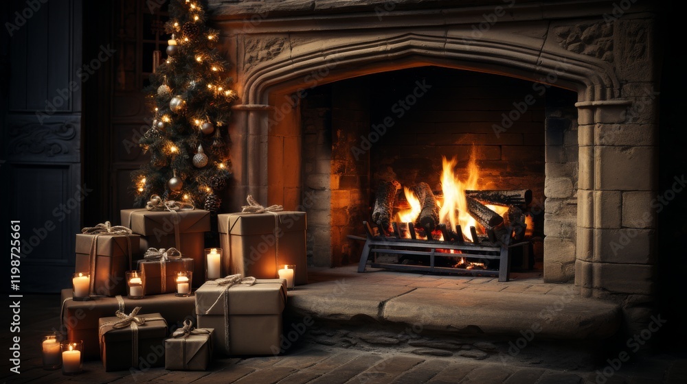 Poster a fireplace with a christmas tree in the background. the fireplace is lit and there are several boxe