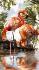 Two vibrant flamingos stand gracefully by a reflective water surface, surrounded by lush greenery and a bright sky, showcasing their striking orange plumage.